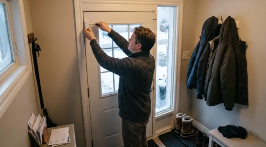 Un propriétaire installe un capteur d'ouverture sur le cadre d'une porte d'entrée dans une maison canadienne en hiver.