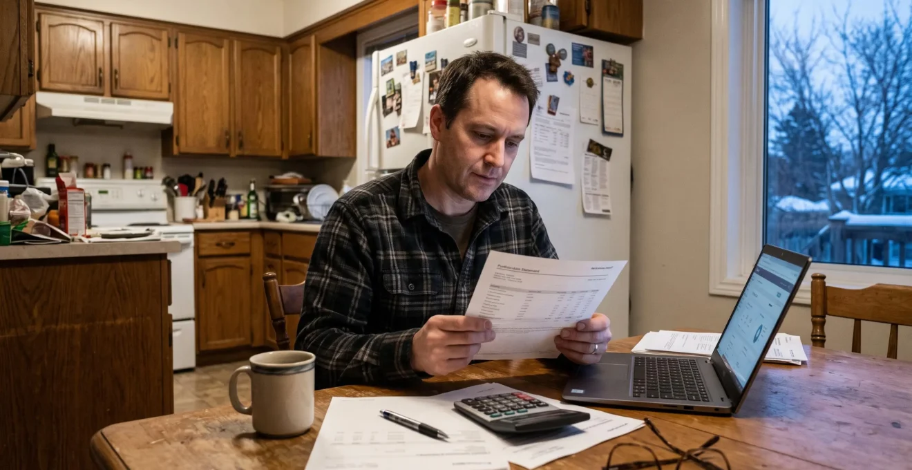Une personne assise à la table de sa cuisine lit attentivement un relevé de portefeuille, un ordinateur portable et une calculatrice posés à côté.