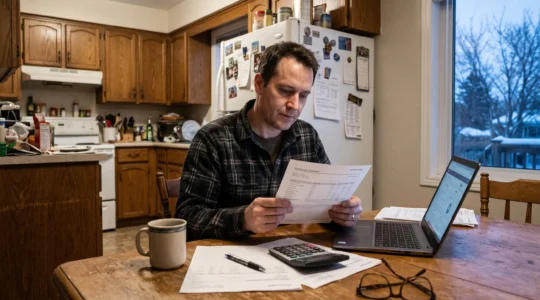 Une personne assise à la table de sa cuisine lit attentivement un relevé de portefeuille, un ordinateur portable et une calculatrice posés à côté.