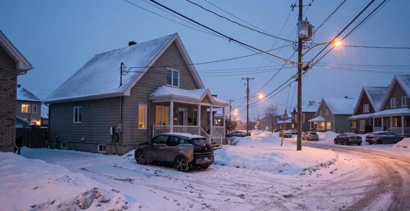 Une voiture électrique branchée à une borne de recharge devant une maison enneigée au crépuscule, avec le transformateur de quartier et les lignes de distribution visibles dans la rue.