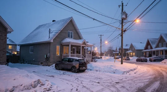 Une voiture électrique branchée à une borne de recharge devant une maison enneigée au crépuscule, avec le transformateur de quartier et les lignes de distribution visibles dans la rue.