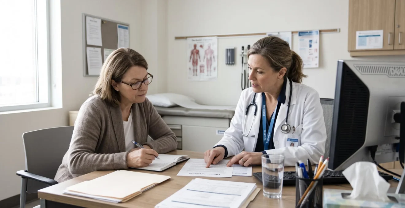 Une patiente et une médecin examinent ensemble un document d'essai clinique dans un bureau de consultation hospitalière au Canada.