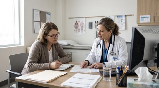 Une patiente et une médecin examinent ensemble un document d'essai clinique dans un bureau de consultation hospitalière au Canada.