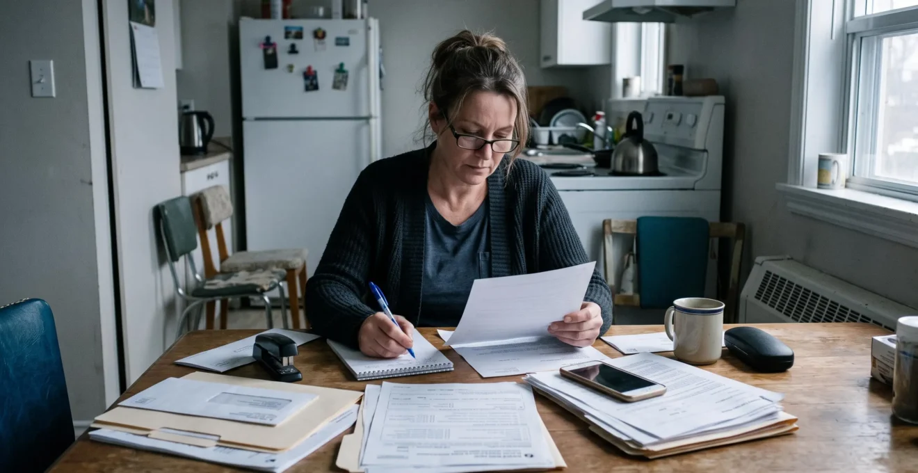 Une personne trie des documents administratifs et prend des notes à une table de cuisine, un téléphone posé à côté d'un dossier ouvert.