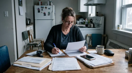 Une personne trie des documents administratifs et prend des notes à une table de cuisine, un téléphone posé à côté d'un dossier ouvert.