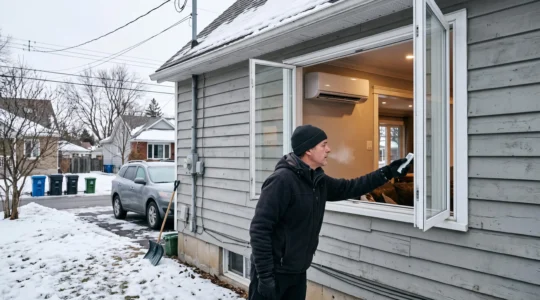 Un propriétaire canadien règle le panneau de commande d'une thermopompe murale dans sa maison un matin d'hiver, avec une voiture stationnée dans l'entrée.
