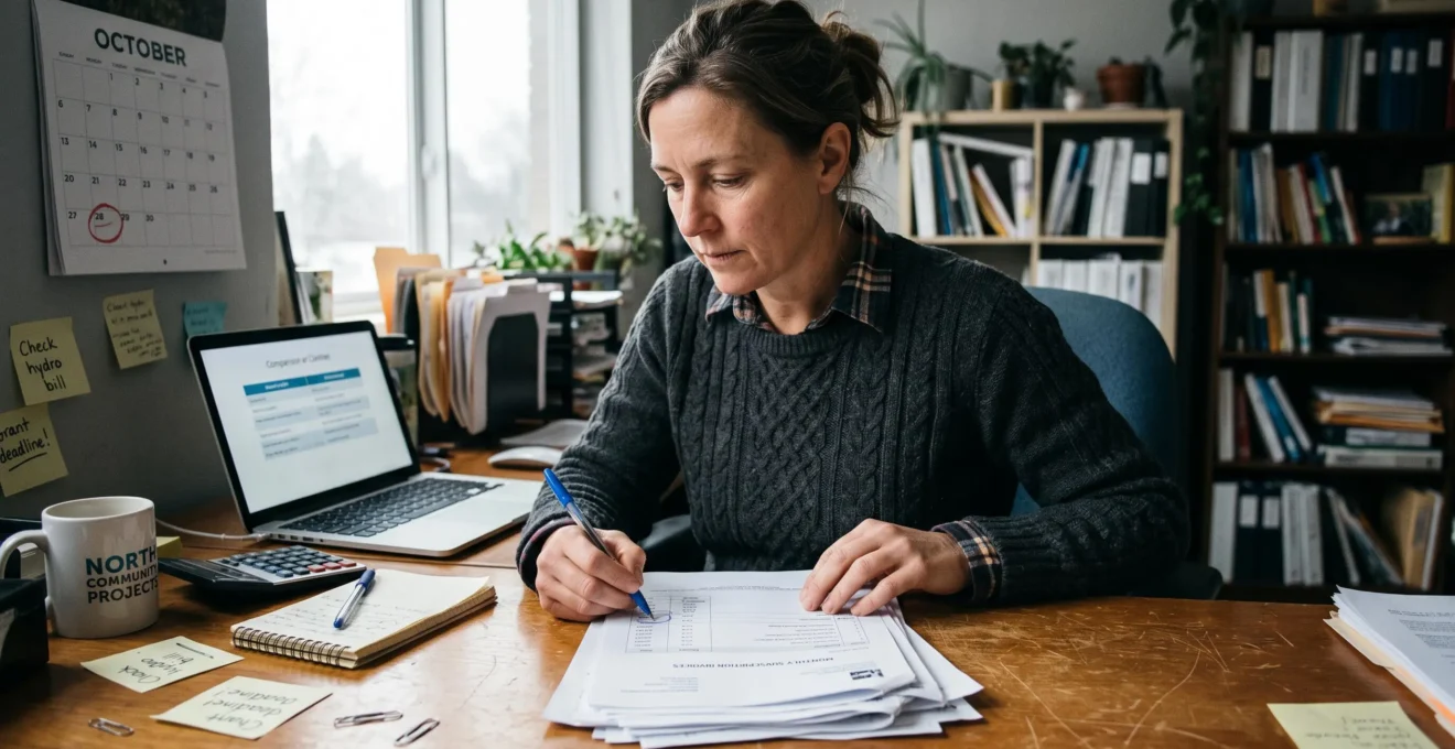 Une responsable d'organisation à but non lucratif examine des factures d'abonnements imprimées à son bureau, avec un ordinateur portable et un calendrier où une date est entourée.