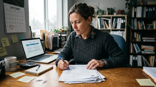 Une responsable d'organisation à but non lucratif examine des factures d'abonnements imprimées à son bureau, avec un ordinateur portable et un calendrier où une date est entourée.
