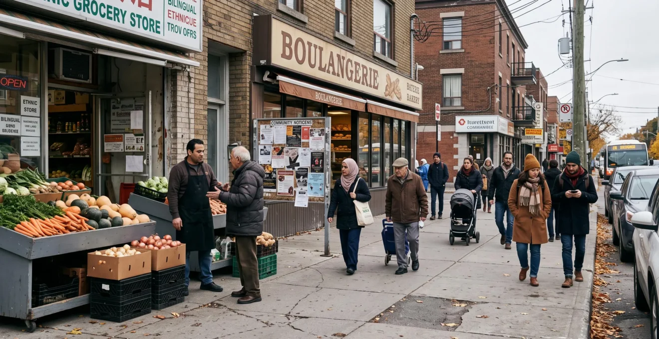 Une rue commerciale de quartier animée où des passants d'horizons variés achètent et discutent devant des épiceries et commerces de proximité.