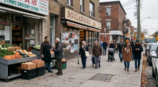 Une rue commerciale de quartier animée où des passants d'horizons variés achètent et discutent devant des épiceries et commerces de proximité.