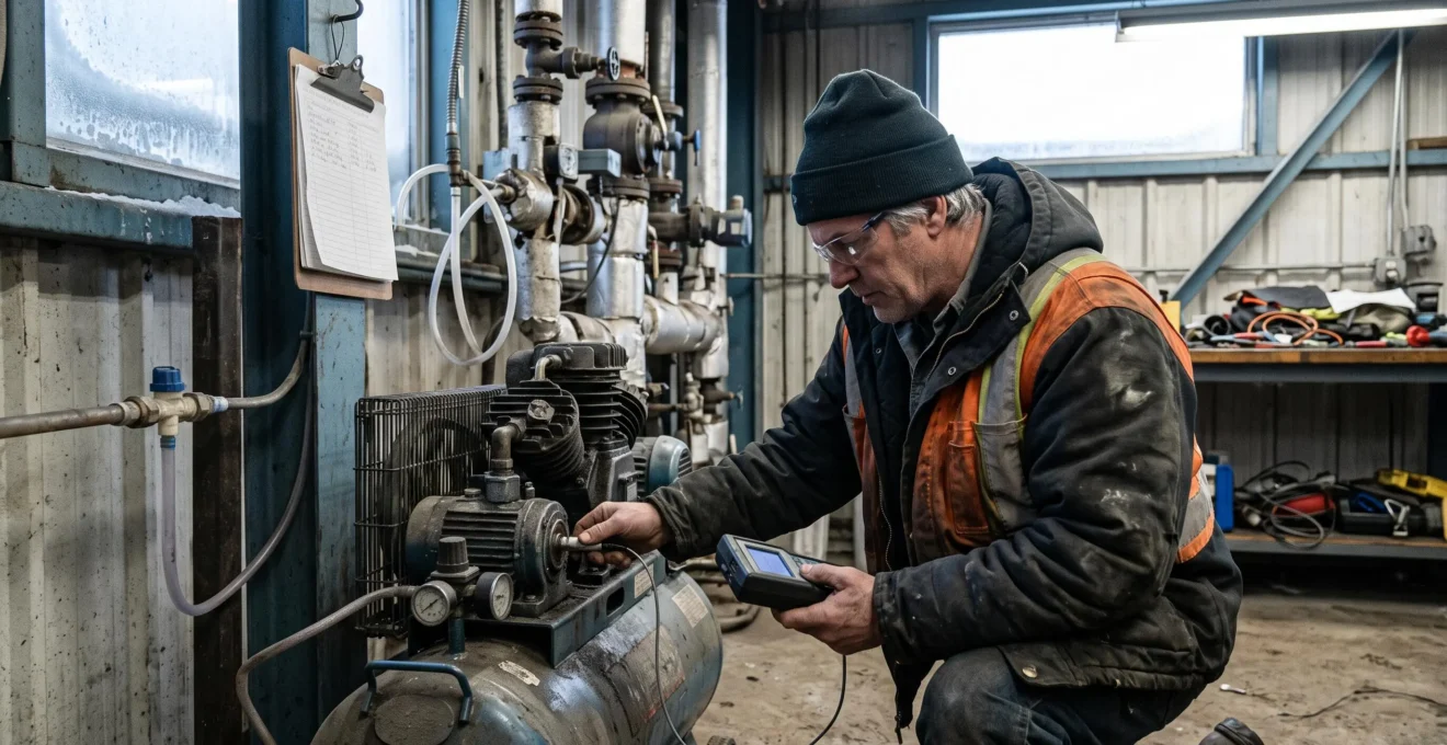 Un technicien de maintenance mesure les vibrations d'un compresseur industriel avec un appareil de diagnostic portable dans une salle des machines en hiver.