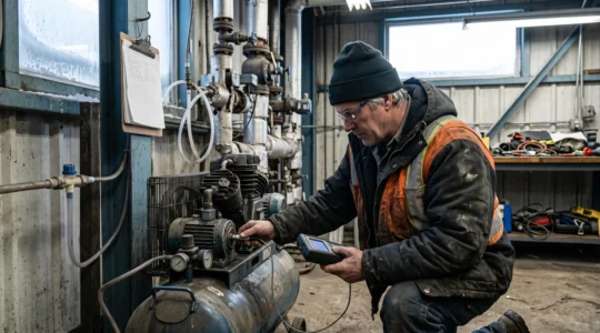 Un technicien de maintenance mesure les vibrations d'un compresseur industriel avec un appareil de diagnostic portable dans une salle des machines en hiver.