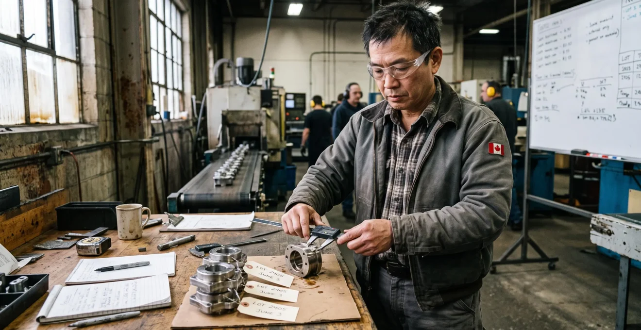Un technicien qualité contrôle une pièce au pied à coulisse devant un petit lot de production dans une usine manufacturière canadienne.