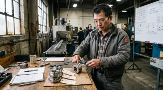 Un technicien qualité contrôle une pièce au pied à coulisse devant un petit lot de production dans une usine manufacturière canadienne.