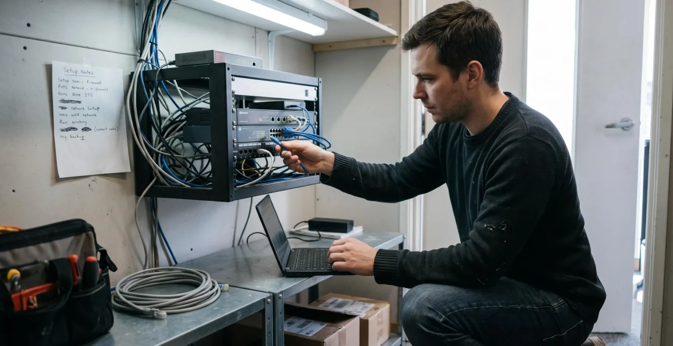 Un technicien débranche un câble réseau d'un rack d'équipement informatique dans une petite entreprise tout en consultant un ordinateur portable.