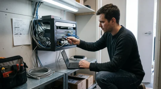 Un technicien débranche un câble réseau d'un rack d'équipement informatique dans une petite entreprise tout en consultant un ordinateur portable.