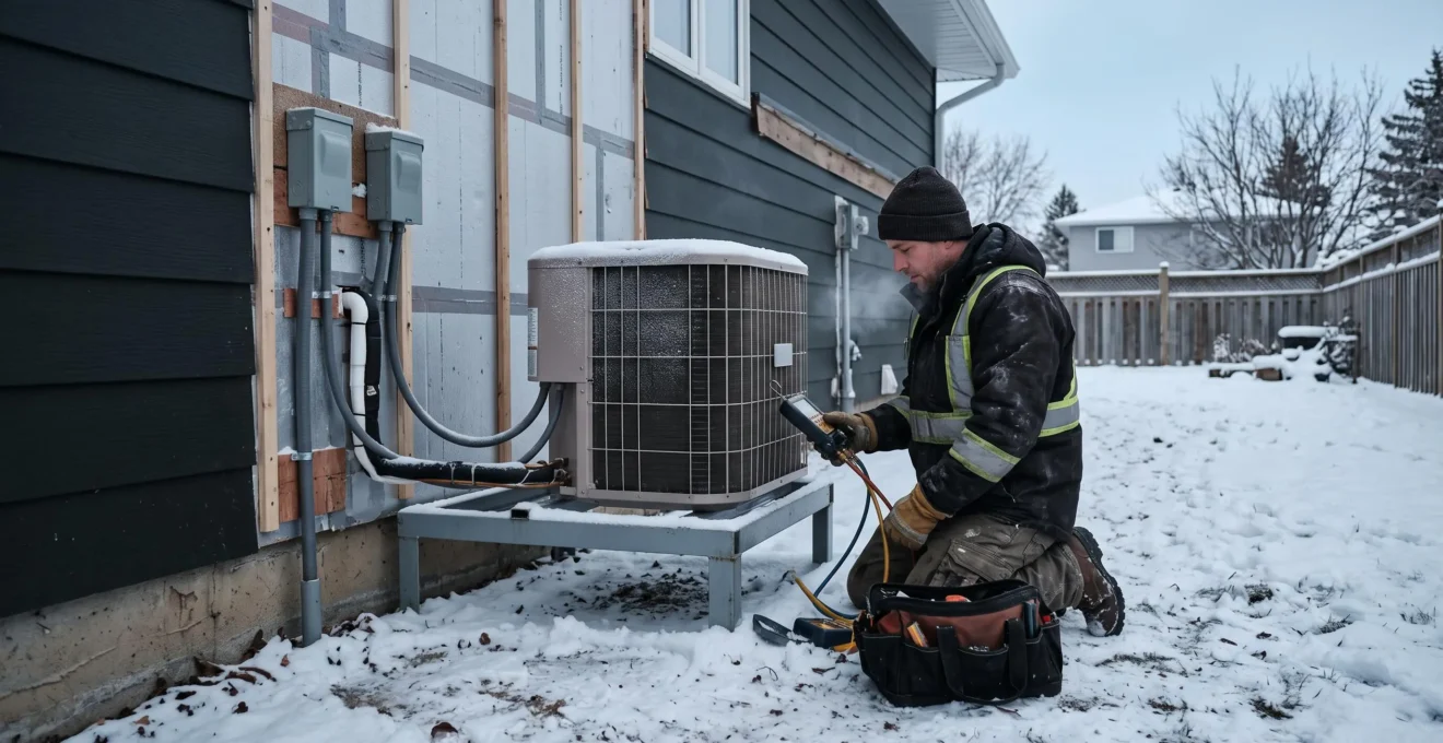 Un technicien vérifie une thermopompe installée à l'extérieur d'une maison canadienne en hiver.