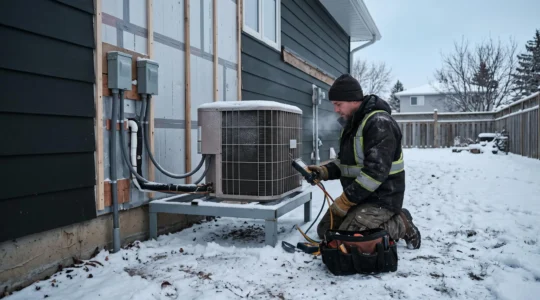 Un technicien vérifie une thermopompe installée à l'extérieur d'une maison canadienne en hiver.