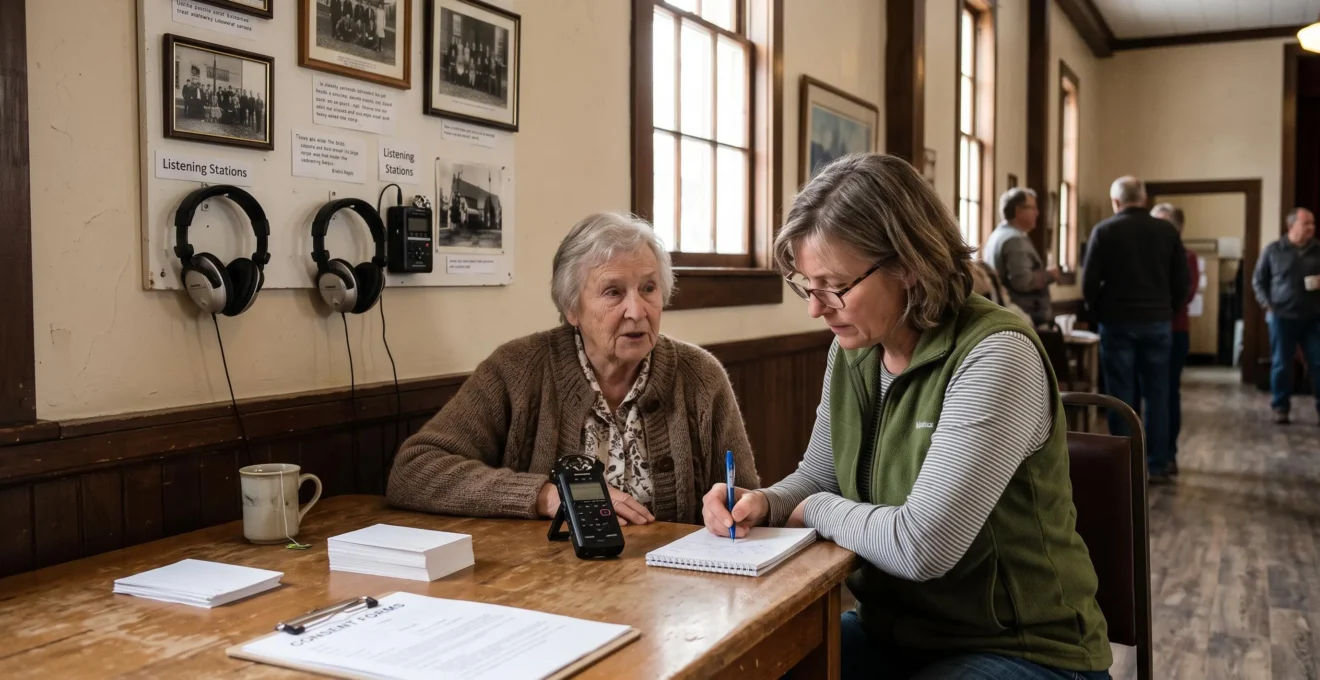 Une aînée raconte un souvenir dans un micro d'enregistrement pendant qu'une bénévole prend des notes dans une salle communautaire décorée de photographies locales anciennes.