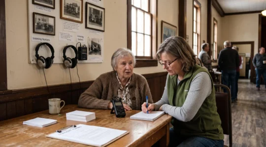 Une aînée raconte un souvenir dans un micro d'enregistrement pendant qu'une bénévole prend des notes dans une salle communautaire décorée de photographies locales anciennes.