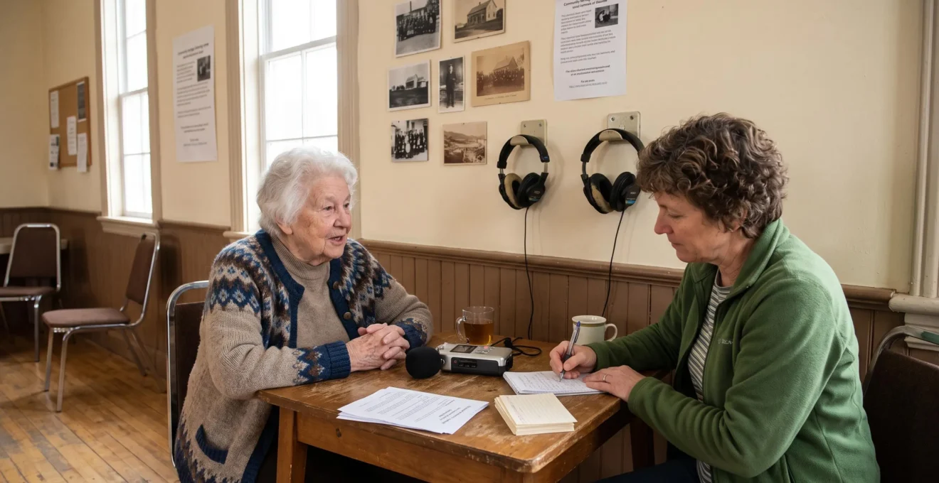 Une aînée raconte un souvenir dans un micro d'enregistrement pendant qu'une bénévole prend des notes dans une salle communautaire décorée de photographies locales anciennes.