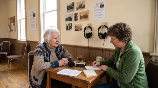 Une aînée raconte un souvenir dans un micro d'enregistrement pendant qu'une bénévole prend des notes dans une salle communautaire décorée de photographies locales anciennes.