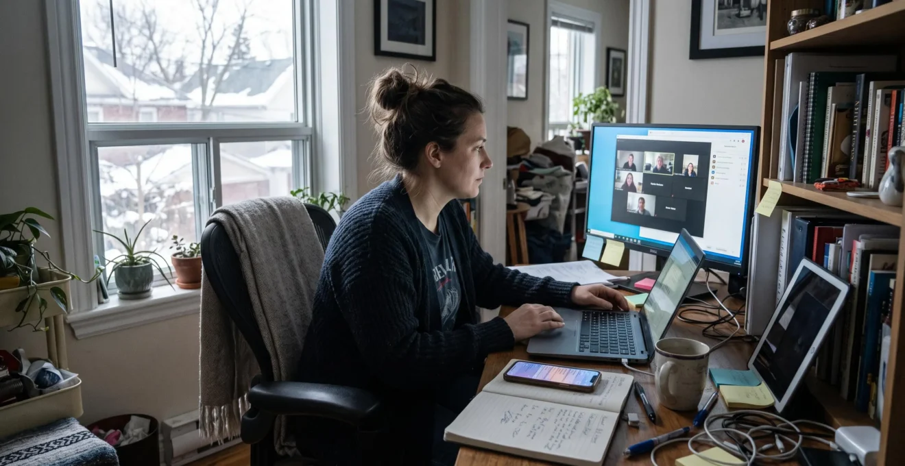 Une travailleuse hybride jauge simultanément un ordinateur portable, un second écran en visioconférence et un téléphone qui affiche des notifications accumulées.