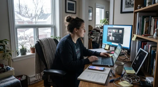 Une travailleuse hybride jauge simultanément un ordinateur portable, un second écran en visioconférence et un téléphone qui affiche des notifications accumulées.