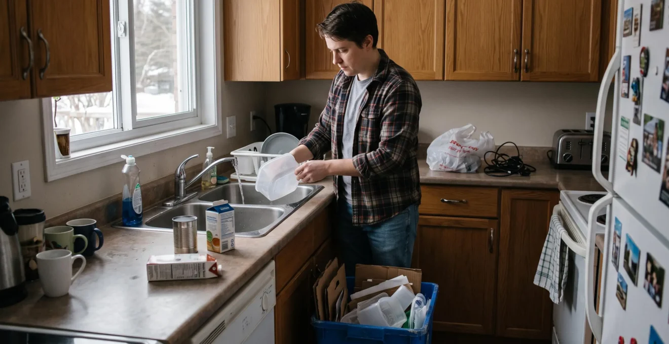 Une personne rince et trie des contenants recyclables dans un bac bleu dans sa cuisine, à côté d'items non conformes mis de côté.
