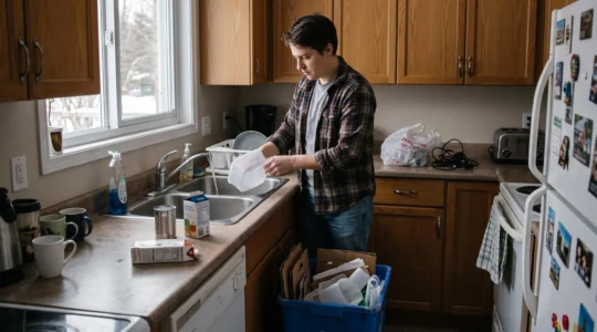 Une personne rince et trie des contenants recyclables dans un bac bleu dans sa cuisine, à côté d'items non conformes mis de côté.