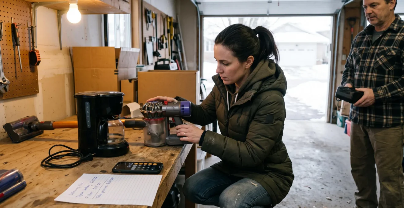 Une acheteuse inspecte un appareil d'occasion dans un garage lors d'une vente entre particuliers, avec le vendeur à proximité.