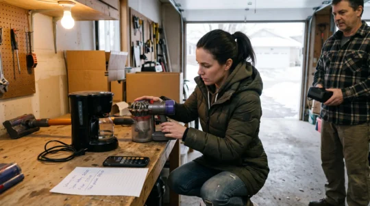 Une acheteuse inspecte un appareil d'occasion dans un garage lors d'une vente entre particuliers, avec le vendeur à proximité.
