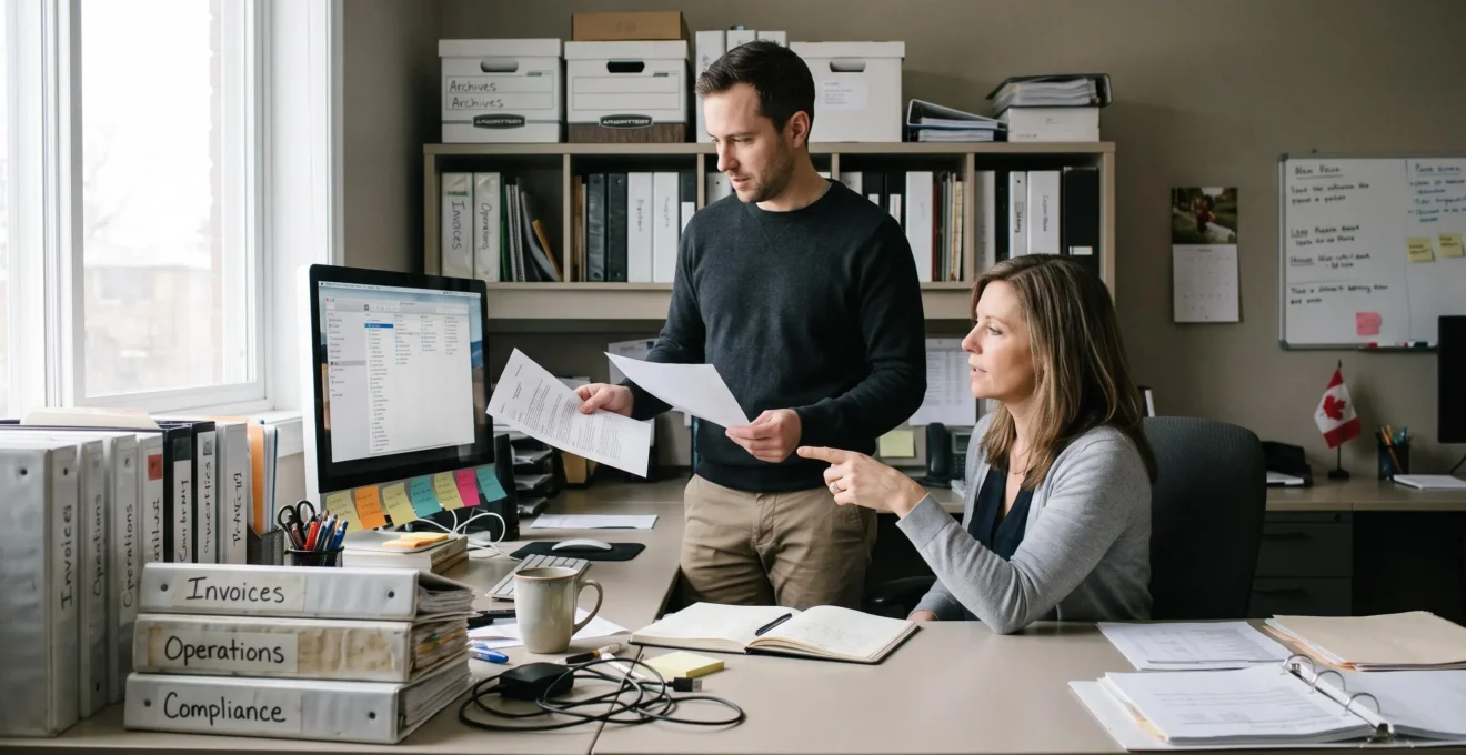 Deux employés d'une petite entreprise vérifient ensemble des documents papier et une arborescence de dossiers sur un ordinateur dans un bureau de travail réel.