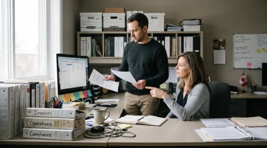 Deux employés d'une petite entreprise vérifient ensemble des documents papier et une arborescence de dossiers sur un ordinateur dans un bureau de travail réel.